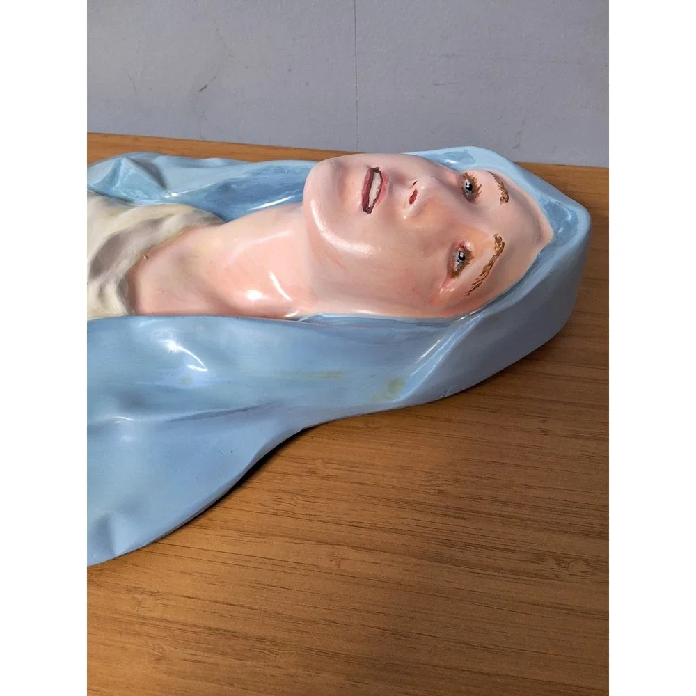 Vintage Sacred Heart Virgin Mary Chalkware Wall Art Hand Painted 11